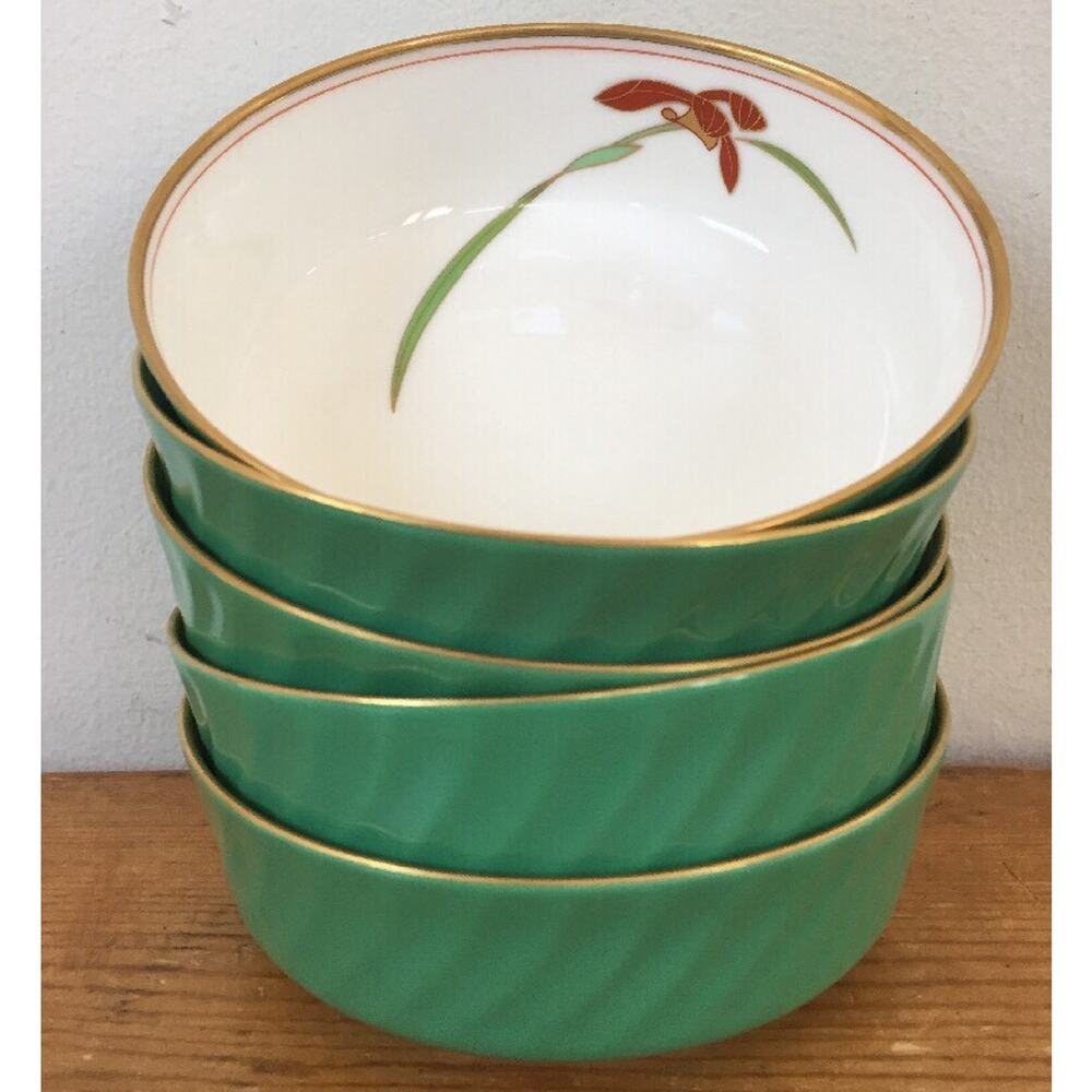 Set 5 Vtg Japanese Red Iris Flower Green Porcelain Dessert Miso Tea Bowls 4.5"